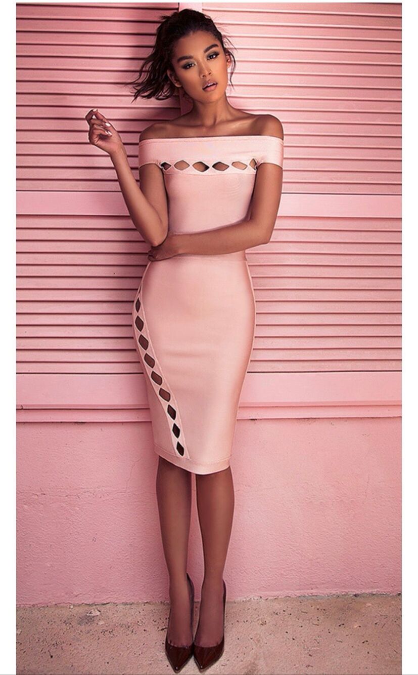 House of CB Ramah Blush Pink Bandage Cutout Off Shoulder Midi Dress M